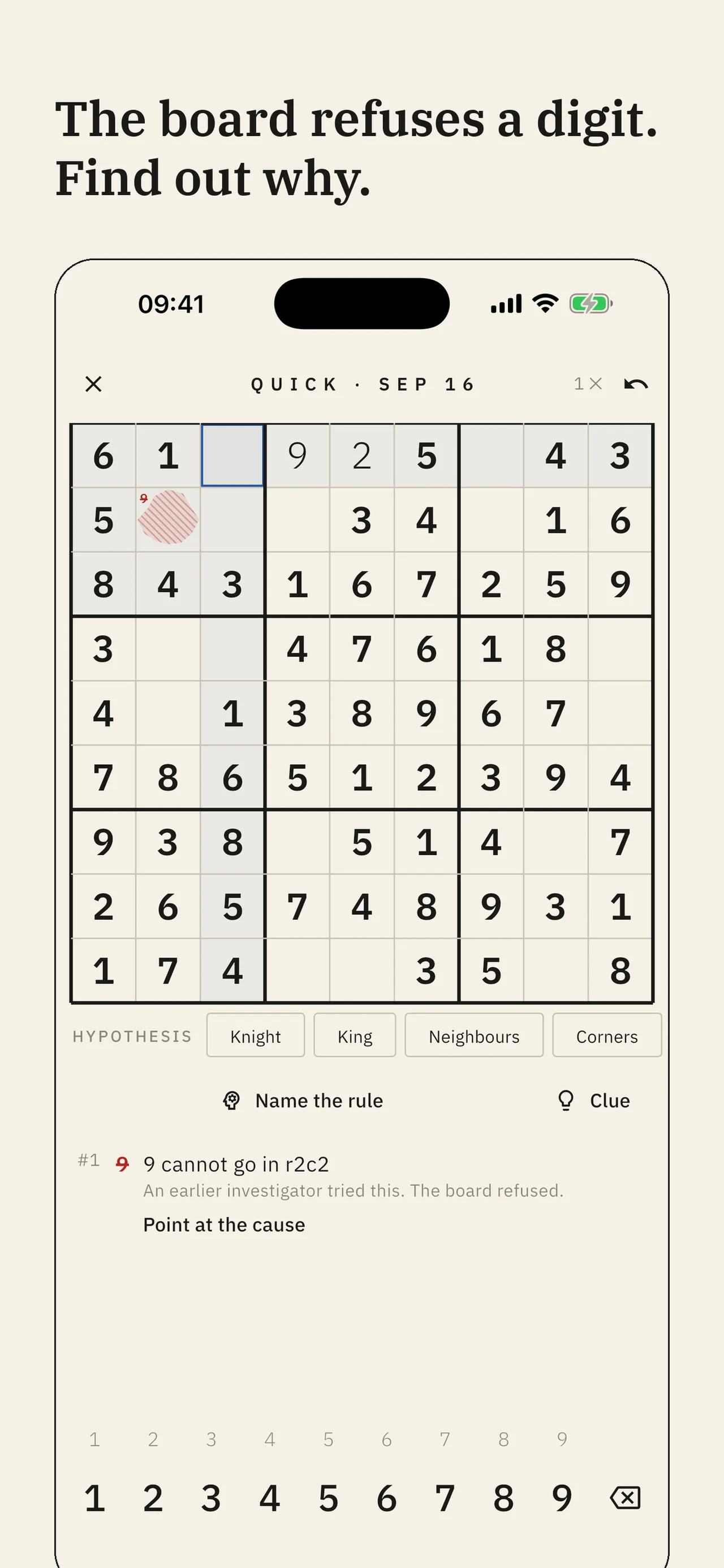 A Rulehunt quick daily sudoku where the board has refused a 9 in one cell, with hypothesis buttons below