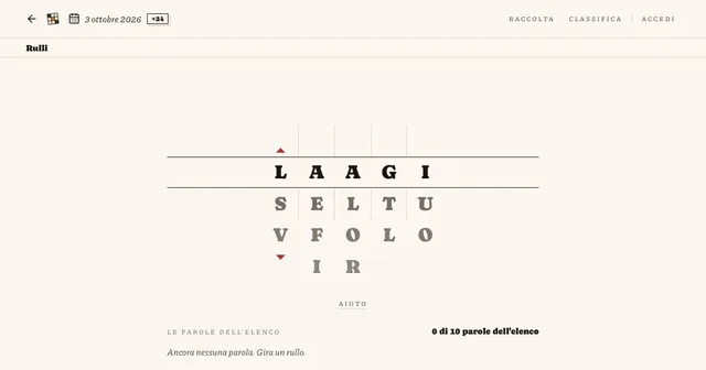 Rulli board for 3 ottobre 2026: five letter reels with the highlighted row L A A G I and 0 of 10 words found