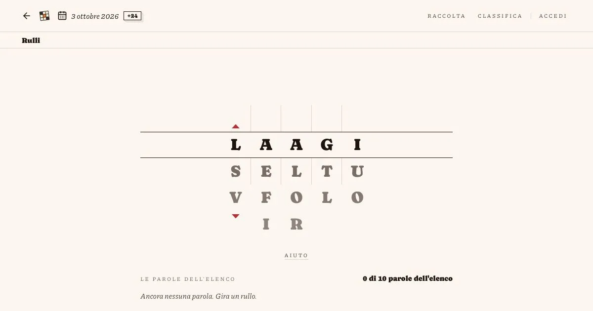 Rulli board for 3 ottobre 2026: five letter reels with the highlighted row L A A G I and 0 of 10 words found
