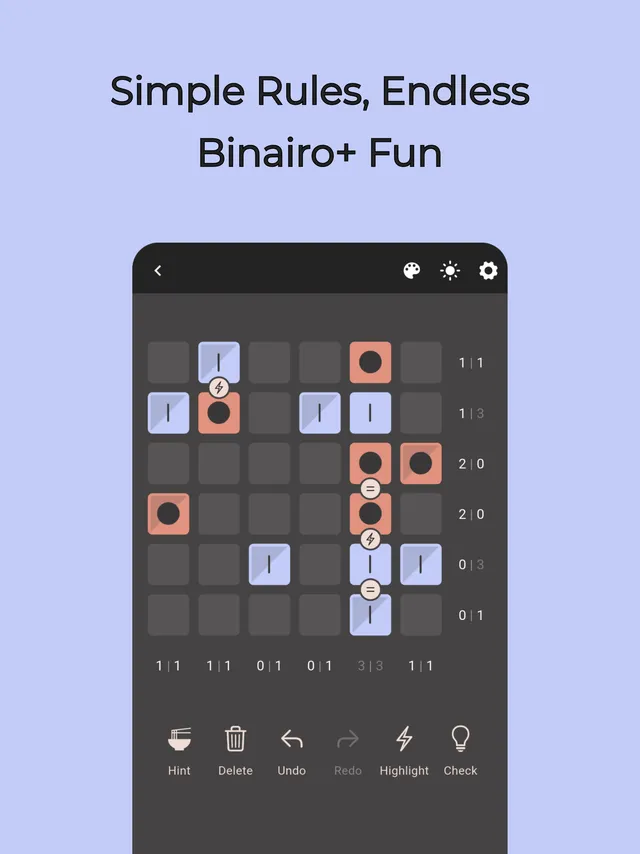 Rumba Binairo Plus grid with circle and line symbols, = and x clues and row counts