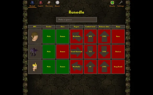 Runedle's daily board with three NPC guesses (Hans, Skotizo, King Roald) compared on gender, race, region, combat level and release date