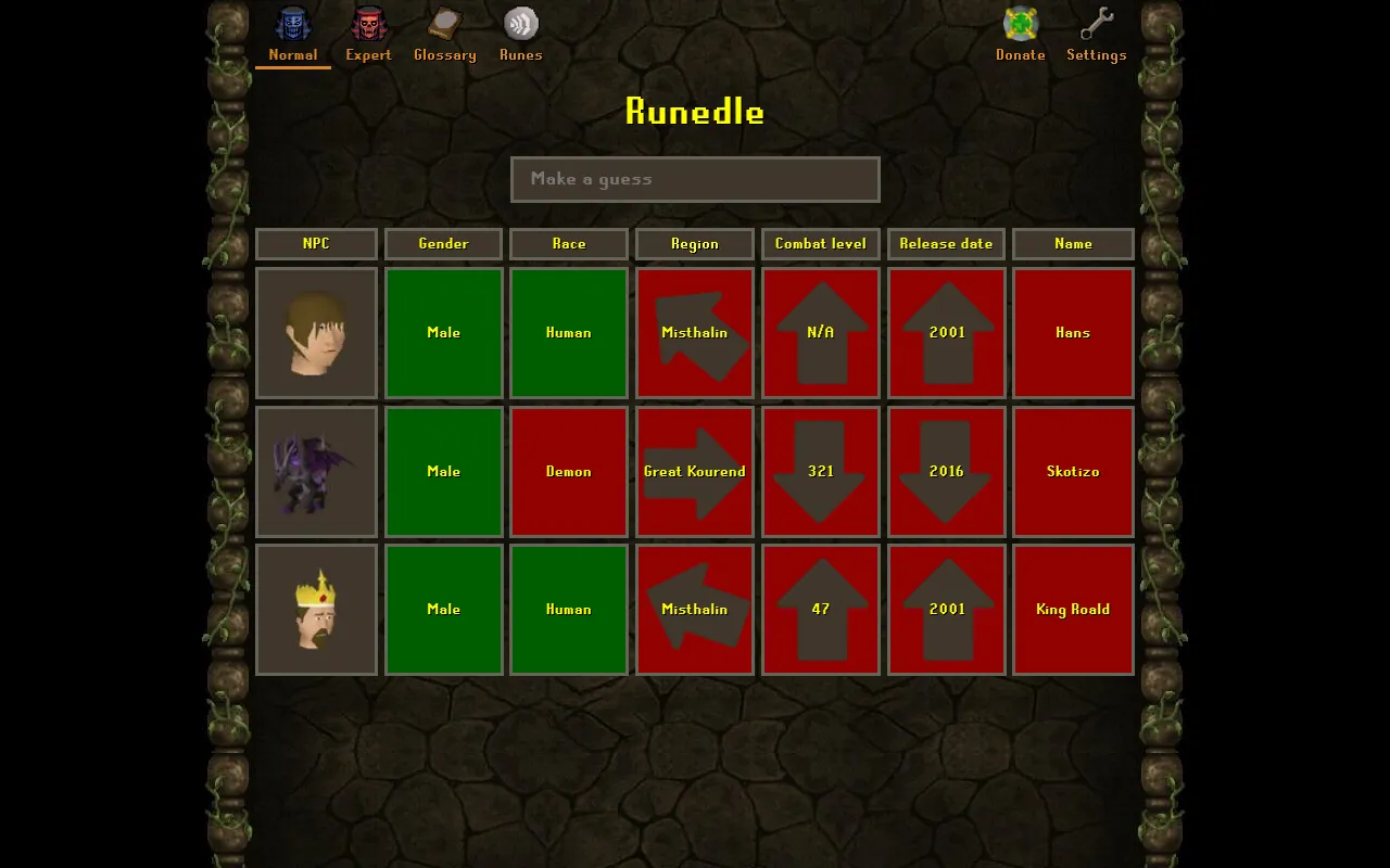 Runedle's daily board with three NPC guesses (Hans, Skotizo, King Roald) compared on gender, race, region, combat level and release date