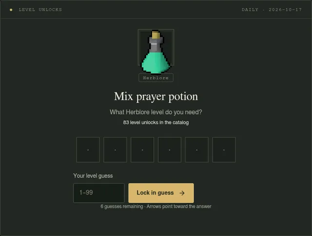 RuneGuesser's Level unlocks board: a prayer potion icon and the question of which Herblore level mixing it needs, with six guess boxes