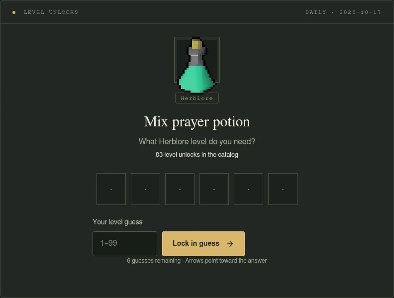 RuneGuesser's Level unlocks board: a prayer potion icon and the question of which Herblore level mixing it needs, with six guess boxes