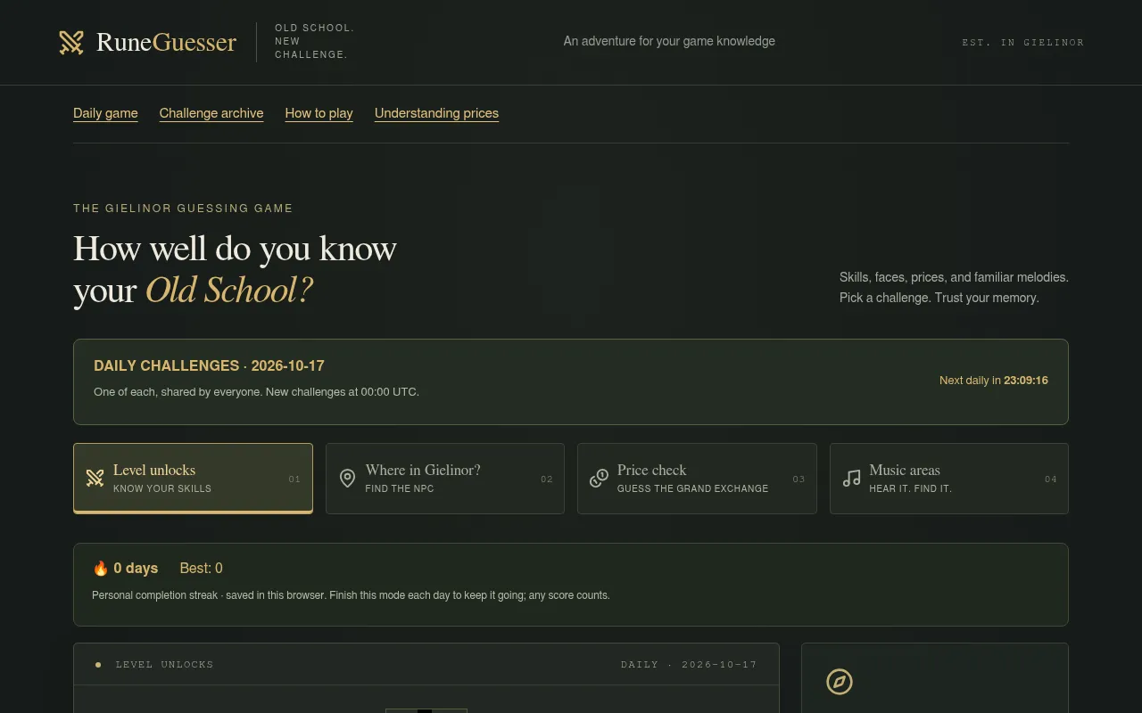 RuneGuesser's front page with the day's four challenges: Level unlocks, Where in Gielinor?, Price check and Music areas