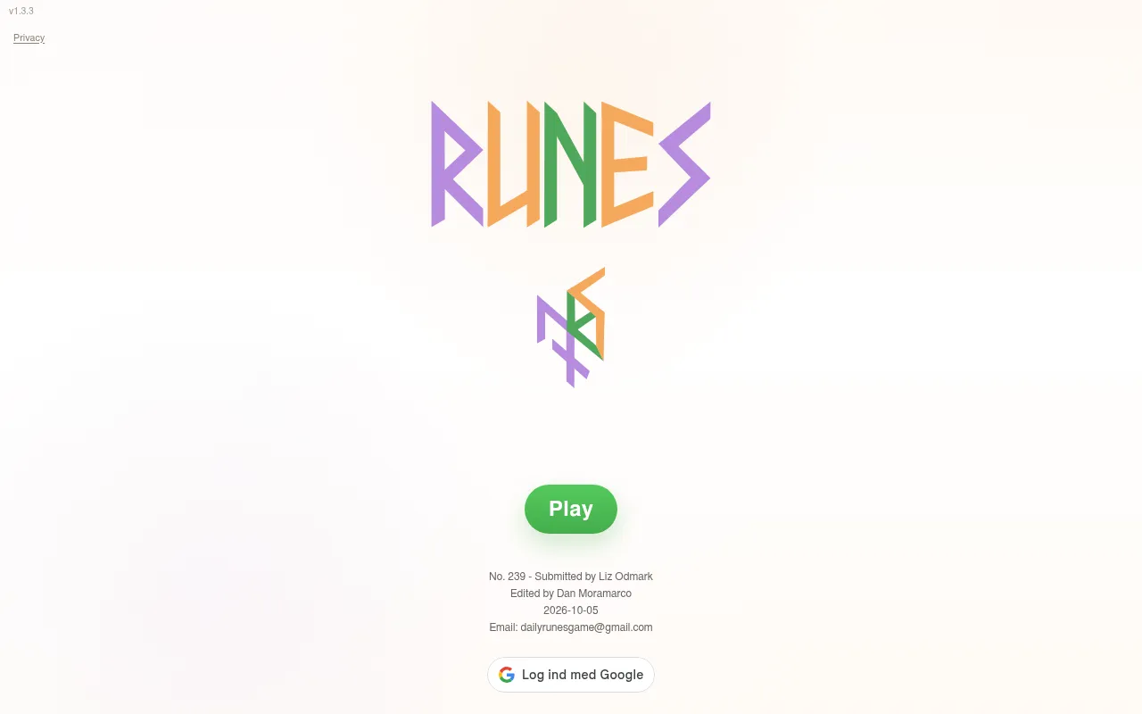 The Runes title screen for No. 239, 2026-10-05: the RUNES wordmark and rune mark above a Play button, submitted by Liz Odmark and edited by Dan Moramarco
