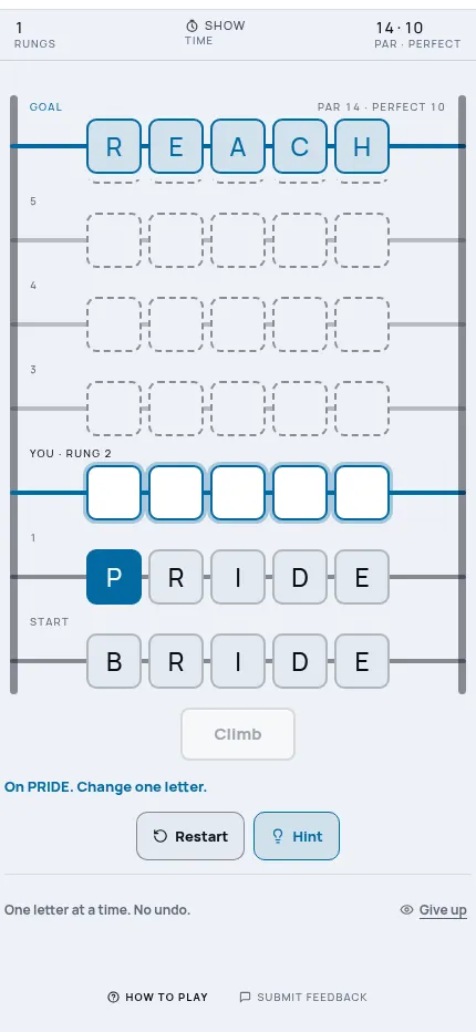Rung at phone size on 22 October 2026: BRIDE changed to PRIDE on the first rung, goal REACH at the top, par 14 and perfect 10 in the header