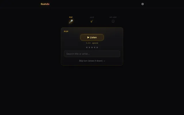 Rushdle's first round of the day: Pop, Jazz and Hip-Hop tabs, a Listen button at 3.0x speed, five guess dots, a title or artist search box and a skip link that slows the song down