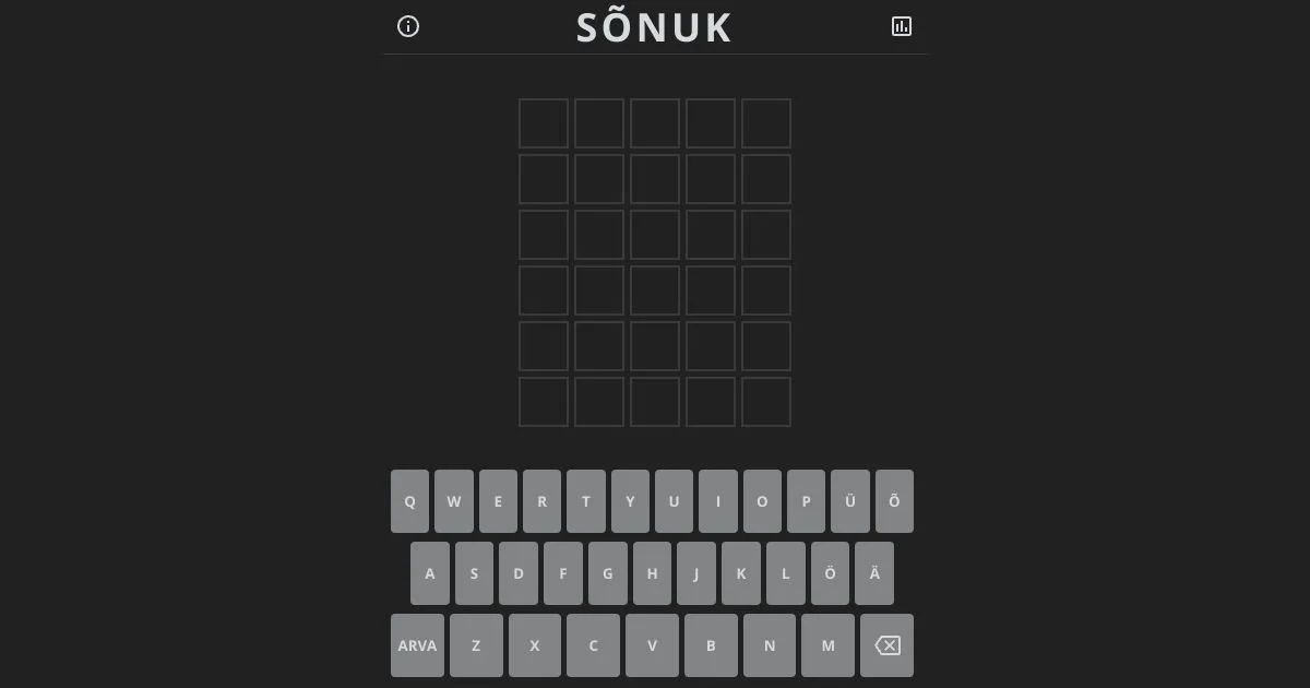 Sõnuk board in dark mode with six empty rows and an Estonian keyboard including Õ, Ä, Ö and Ü