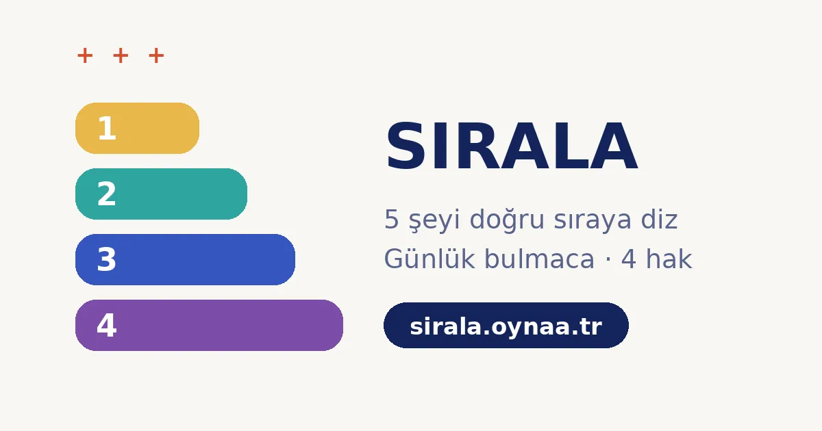 SIRALA card with four coloured bars numbered 1 to 4 and the line 5 şeyi doğru sıraya diz