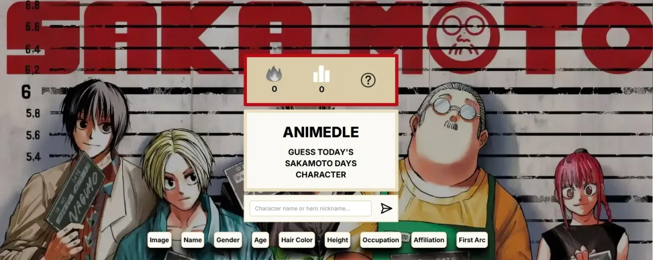 The Sakamotodle start screen: Guess today's Sakamoto Days character, a name box and the attribute columns over Sakamoto Days art