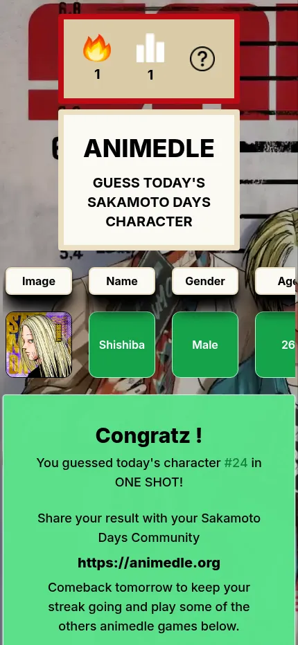 Sakamotodle at phone size: Shishiba guessed in one try, tile columns scrolling sideways and the Congratz card for character #24