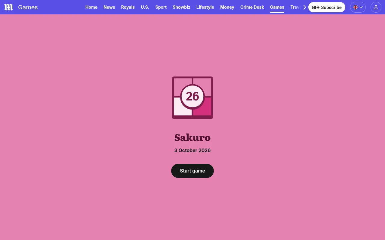 The Sakuro start screen on the Daily Mail games page: the game's own icon and name, the date 3 October 2026 and a button to start the day's puzzle