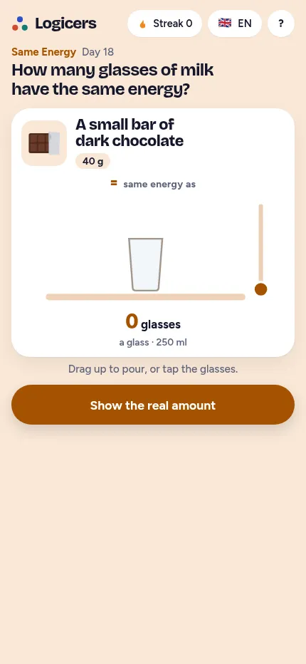 Same Energy Day 18 at phone size: a small bar of dark chocolate at the top and an empty 250 ml glass of milk with a slider beside it