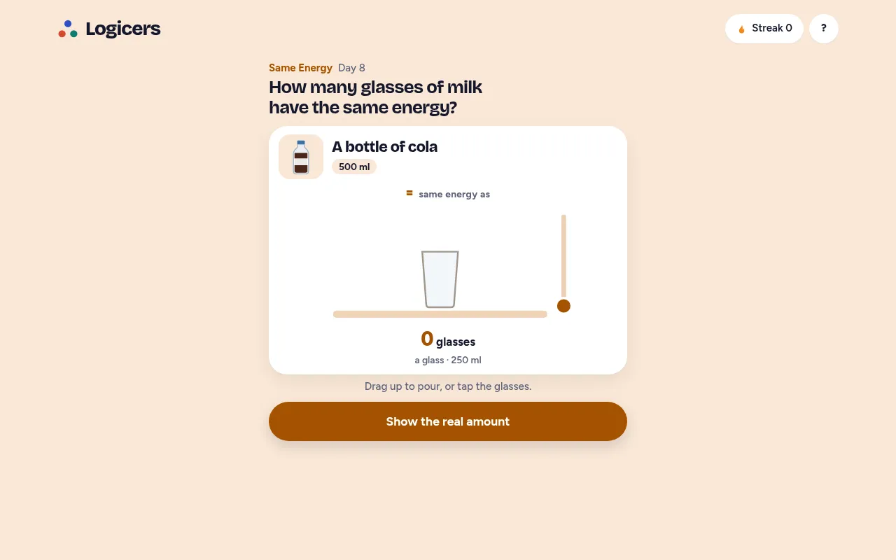 Same Energy Day 8: how many glasses of milk have the same energy as a 500 ml bottle of cola, with an empty glass ready to fill