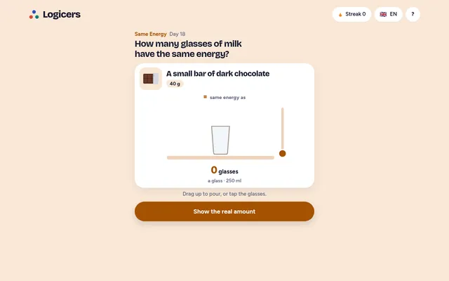 Same Energy Day 18 on desktop: how many glasses of milk have the same energy as a 40 g bar of dark chocolate, with an empty glass ready to pour