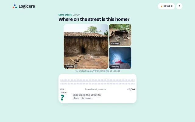 Same Street Day 27 on 29 October 2026: a mud-brick house with a tiled roof, an outdoor cooking fire and a bed under a mosquito net, above the empty street of 100 houses from $25 to $15,000