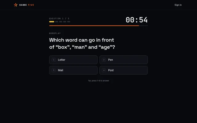 Same Five question 1 of 5, a wordplay question asking which word goes before box, man and age, with four answer choices and a 54-second clock