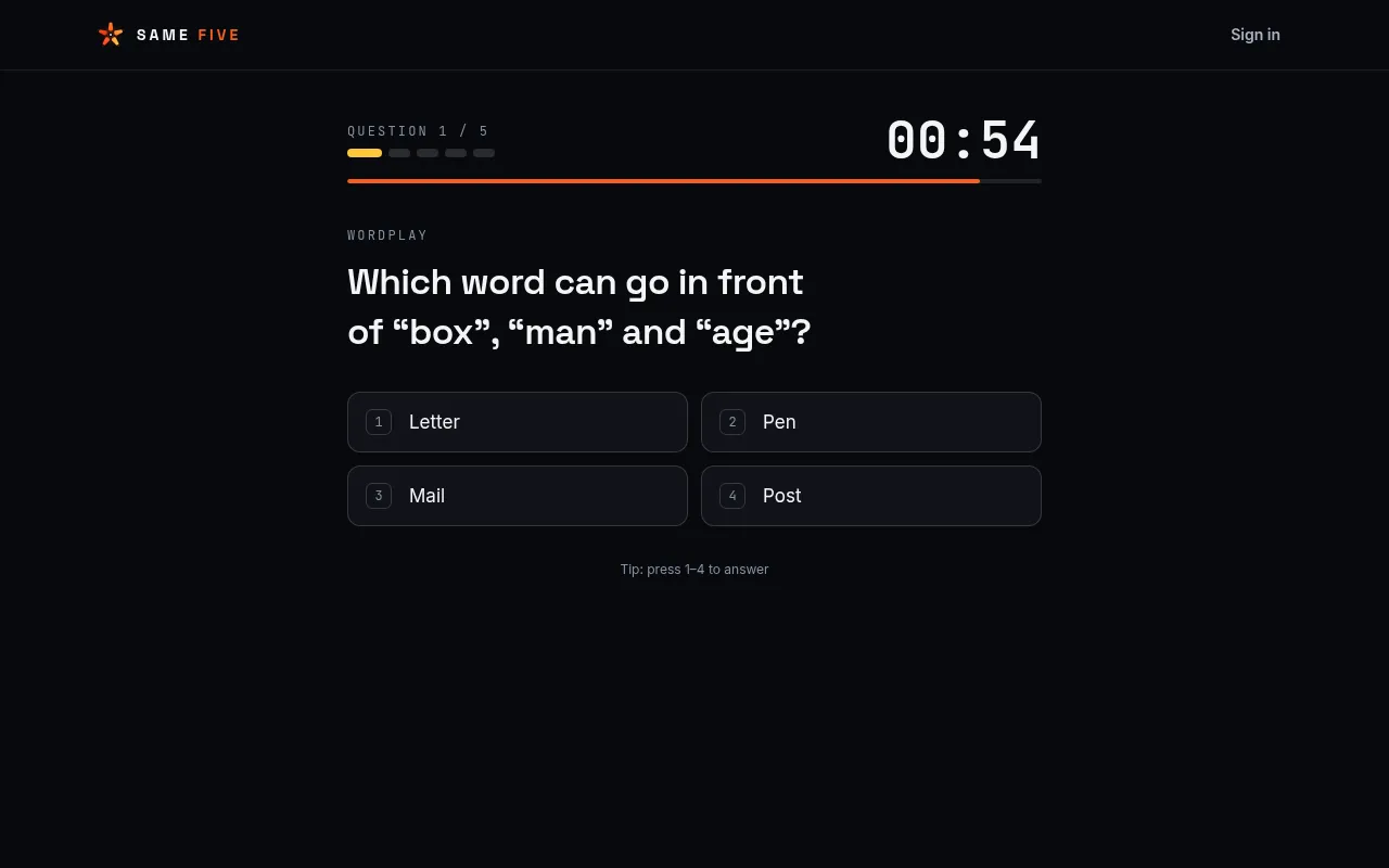 Same Five question 1 of 5, a wordplay question asking which word goes before box, man and age, with four answer choices and a 54-second clock