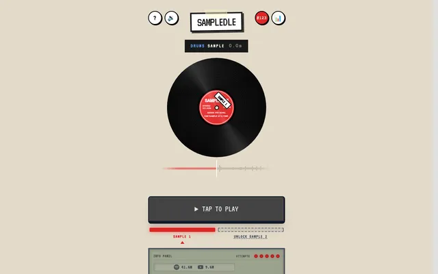 Sampledle puzzle #123: the board with a record carrying a Drums sample sticker, its waveform and play bar, sample 1 of 2 and the clue panel with five attempt lights