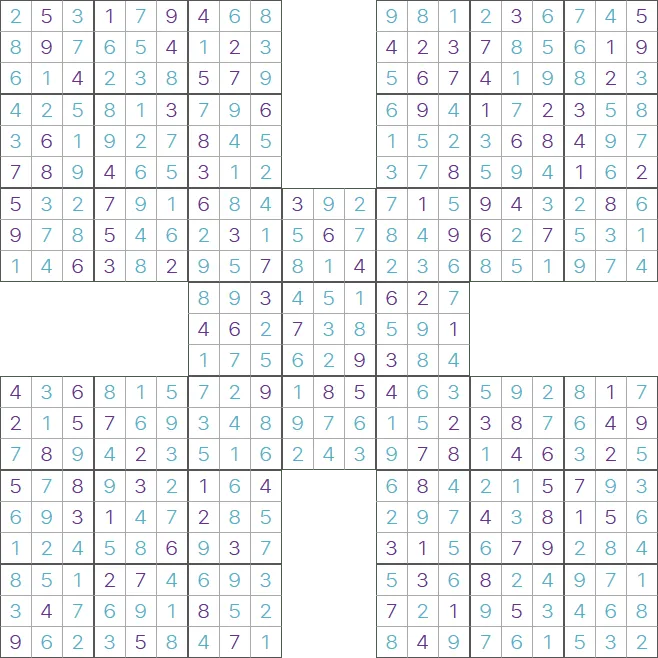 A finished Samurai Sudoku from PuzzleMadness's rules, five overlapping 9x9 grids