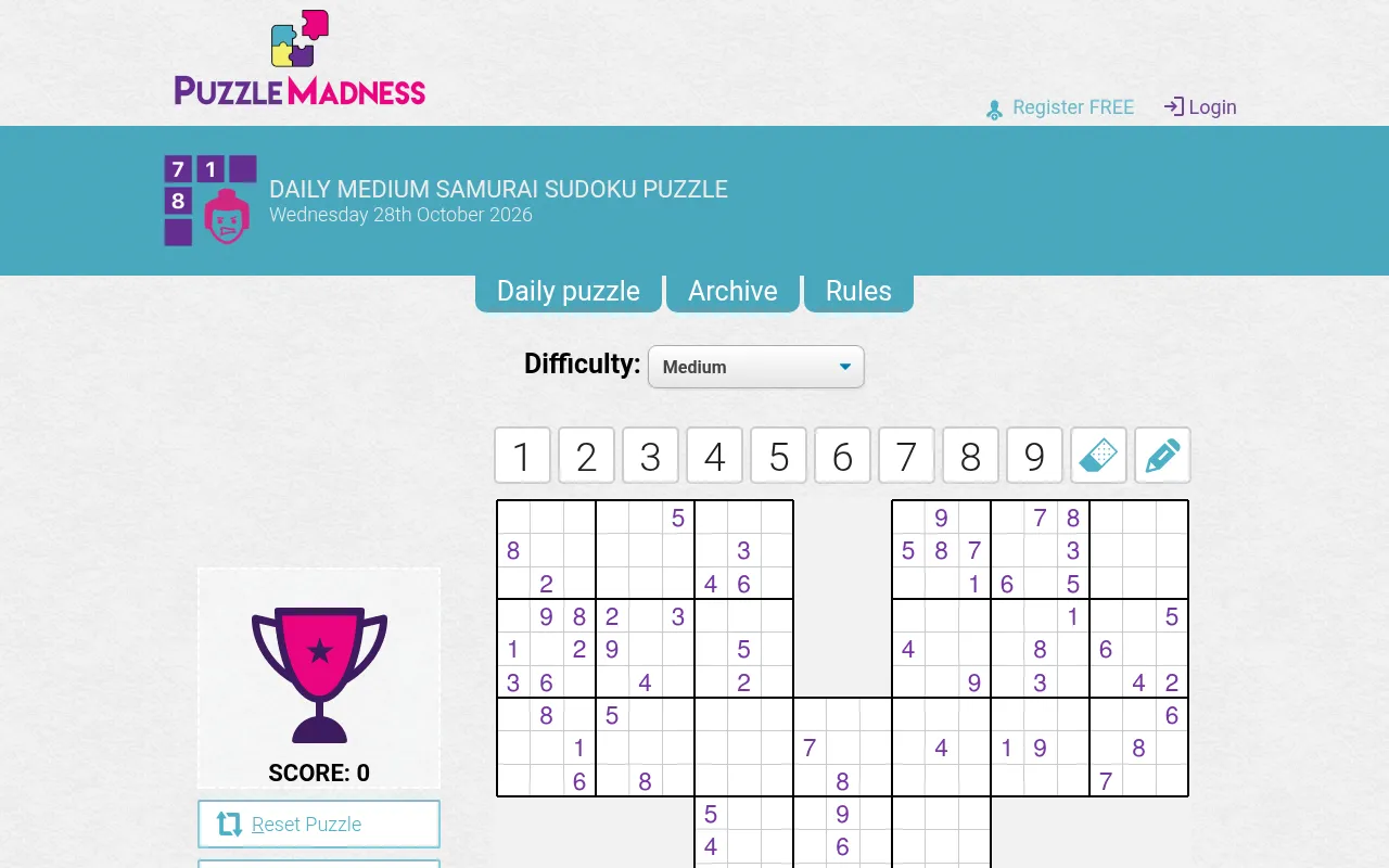 The PuzzleMadness Samurai Sudoku page on a desktop on 28 October 2026, with the difficulty menu, number buttons and the top of the Medium board