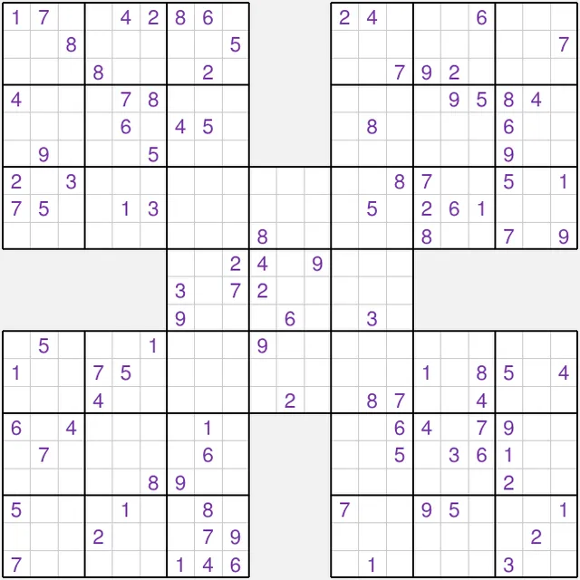 Today's medium Samurai Sudoku on PuzzleMadness, five overlapping 9x9 grids with their starting digits
