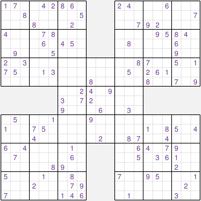 Today's medium Samurai Sudoku on PuzzleMadness, five overlapping 9x9 grids with their starting digits
