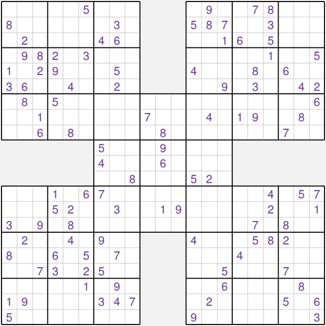 The board of the 28 October 2026 Medium Samurai Sudoku on PuzzleMadness: five overlapping 9x9 grids with their starting digits