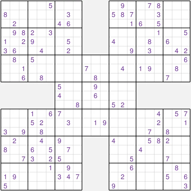 The board of the 28 October 2026 Medium Samurai Sudoku on PuzzleMadness: five overlapping 9x9 grids with their starting digits