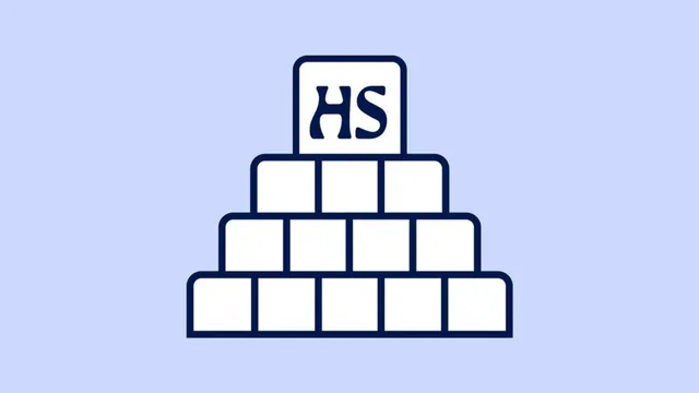 Sanajuuri artwork: a pyramid of letter tiles growing by one tile per row, topped by an HS tile