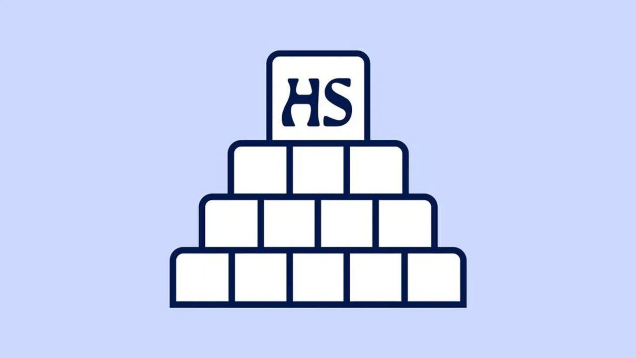 Sanajuuri artwork: a pyramid of letter tiles growing by one tile per row, topped by an HS tile