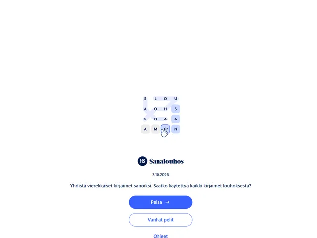 Sanalouhos start screen dated 3.10.2026, with a small letter grid and the Pelaa button