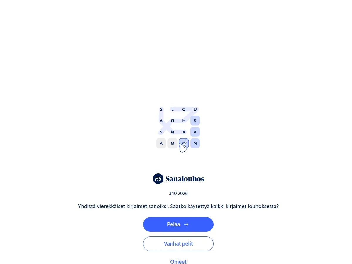 Sanalouhos start screen dated 3.10.2026, with a small letter grid and the Pelaa button