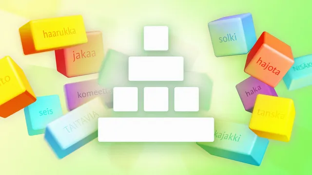 Sanapyramidi artwork: the empty pyramid of word slots surrounded by Finnish word tiles