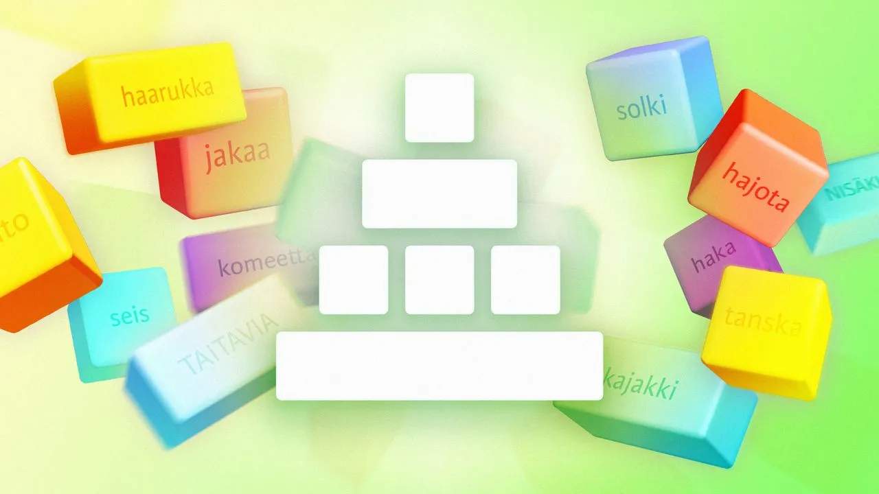 Sanapyramidi artwork: the empty pyramid of word slots surrounded by Finnish word tiles