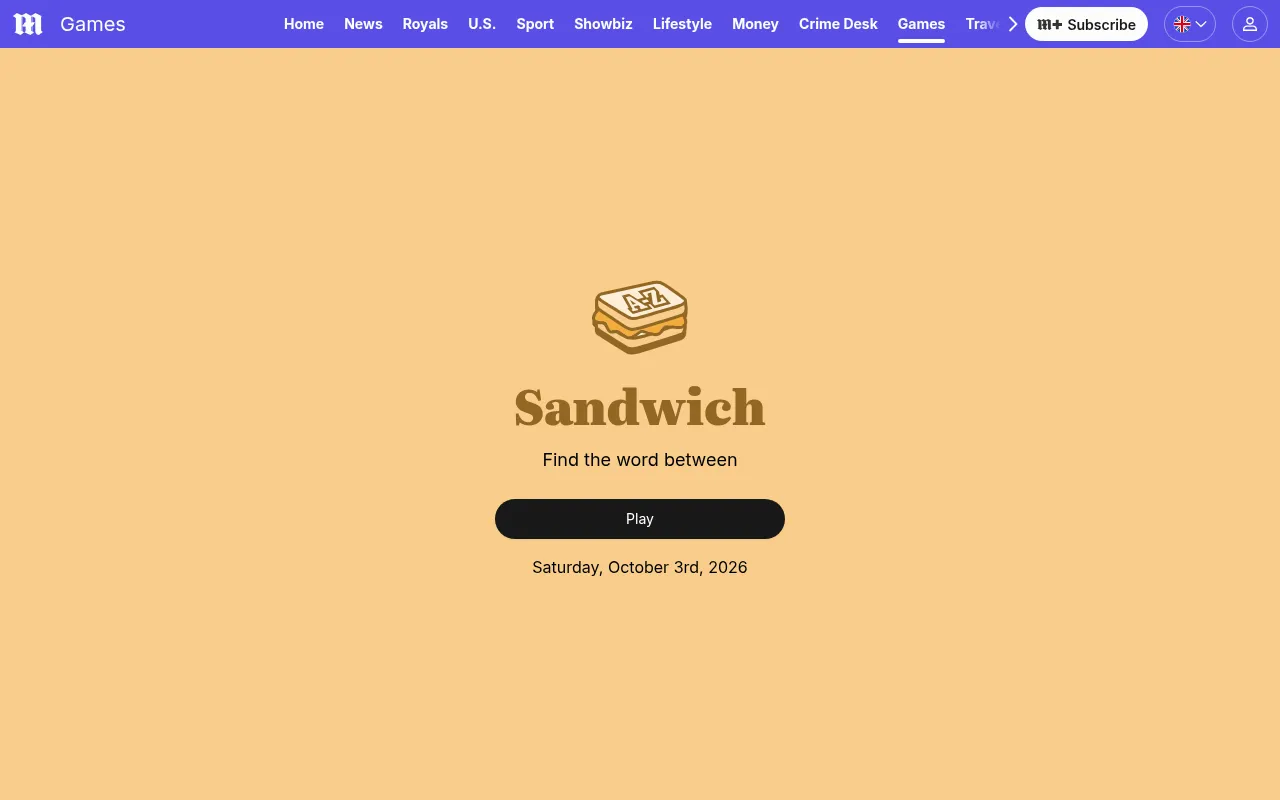 The Sandwich start screen on the Daily Mail games page: a toasted sandwich icon marked A-Z, the line Find the word between, a Play button and the date Saturday, October 3rd, 2026
