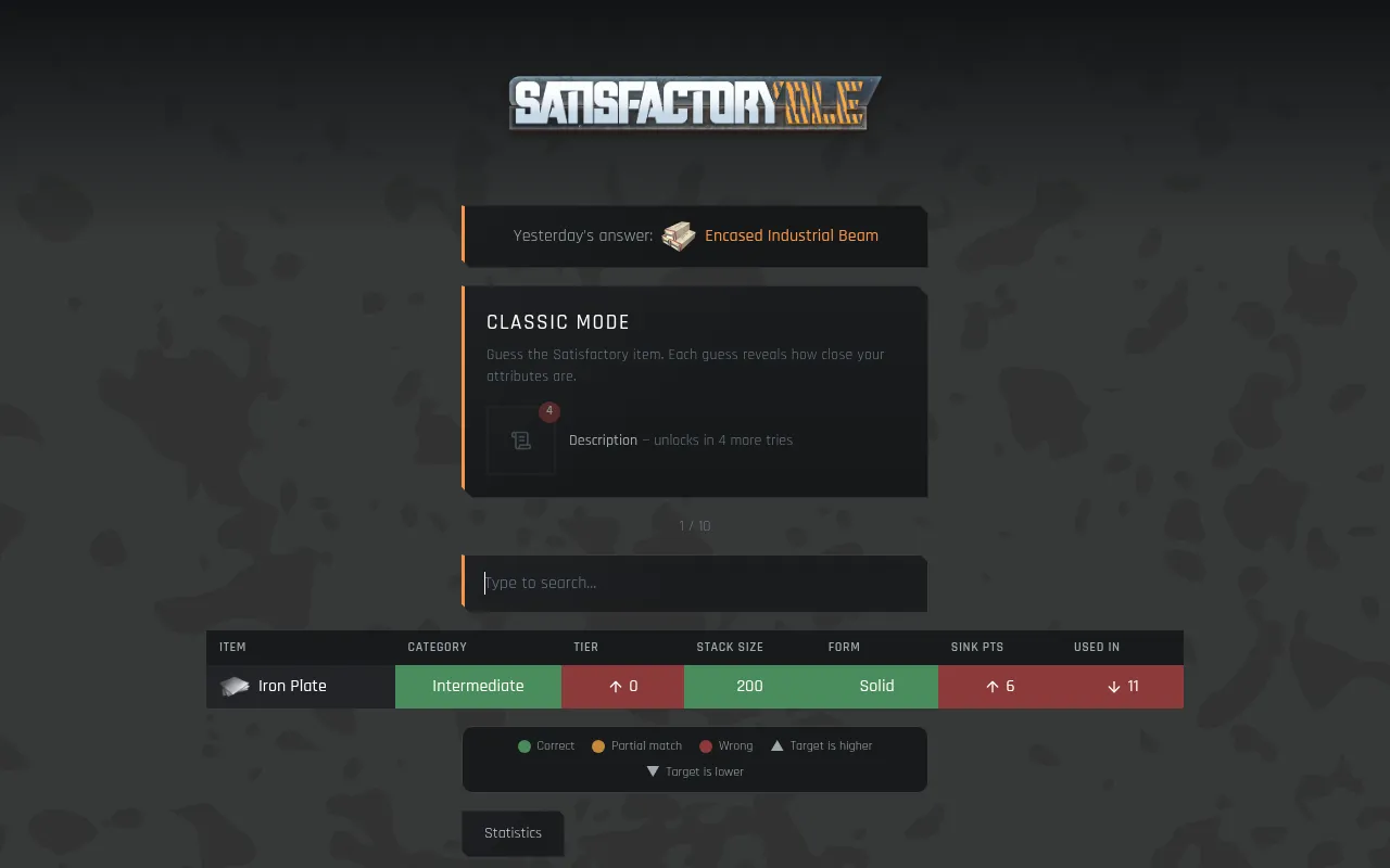 Today's Satisfactorydle Classic board after one guess, Iron Plate, with category, tier, stack size, form, sink points and used-in cells marked green or red