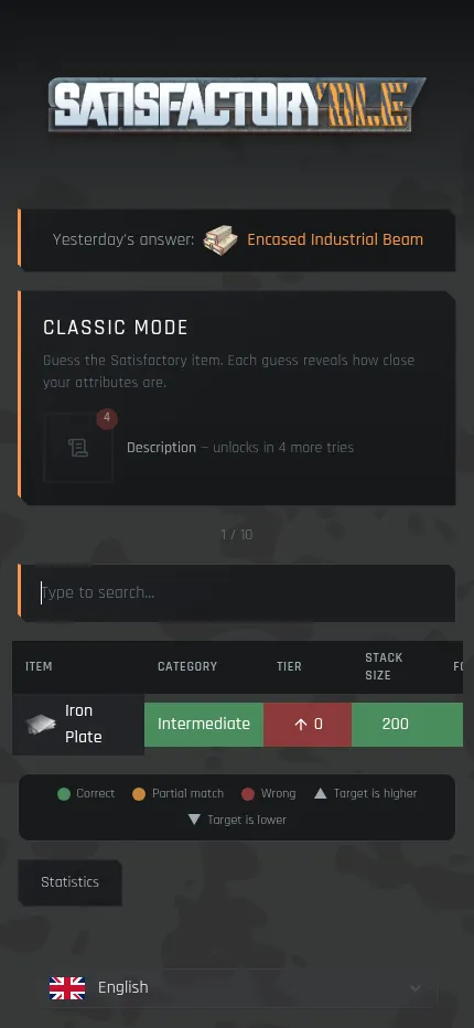 The Satisfactorydle Classic board at phone size, with the guess table scrolling sideways under the search box