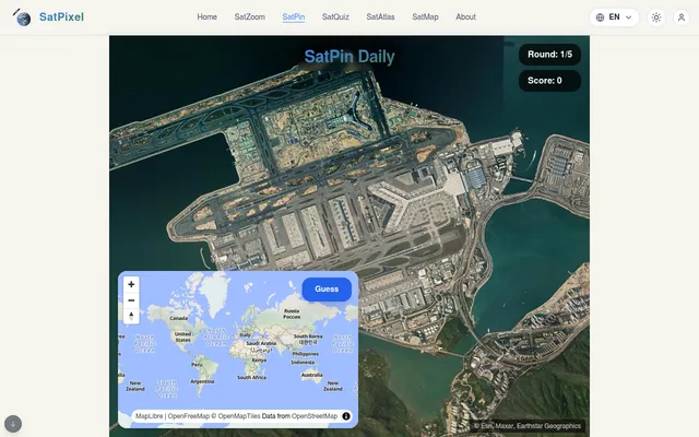 SatPin Daily round 1 of 5 on 19 Oct 2026: a satellite view of an island airport with runways and terminals, a small world map and a Guess button in the corner