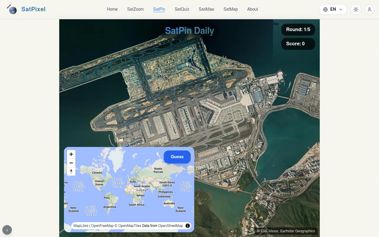 SatPin Daily round 1 of 5 on 19 Oct 2026: a satellite view of an island airport with runways and terminals, a small world map and a Guess button in the corner