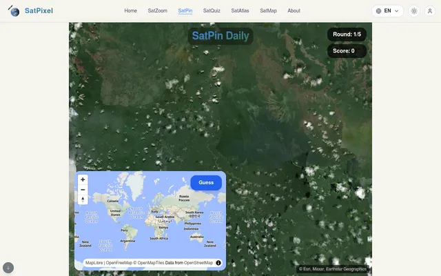 SatPin Daily round 1 of 5: a satellite view of forested land with a small world map and a Guess button in the corner