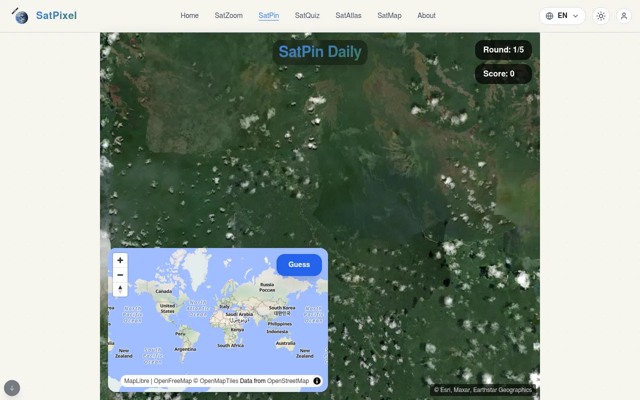 SatPin Daily round 1 of 5: a satellite view of forested land with a small world map and a Guess button in the corner