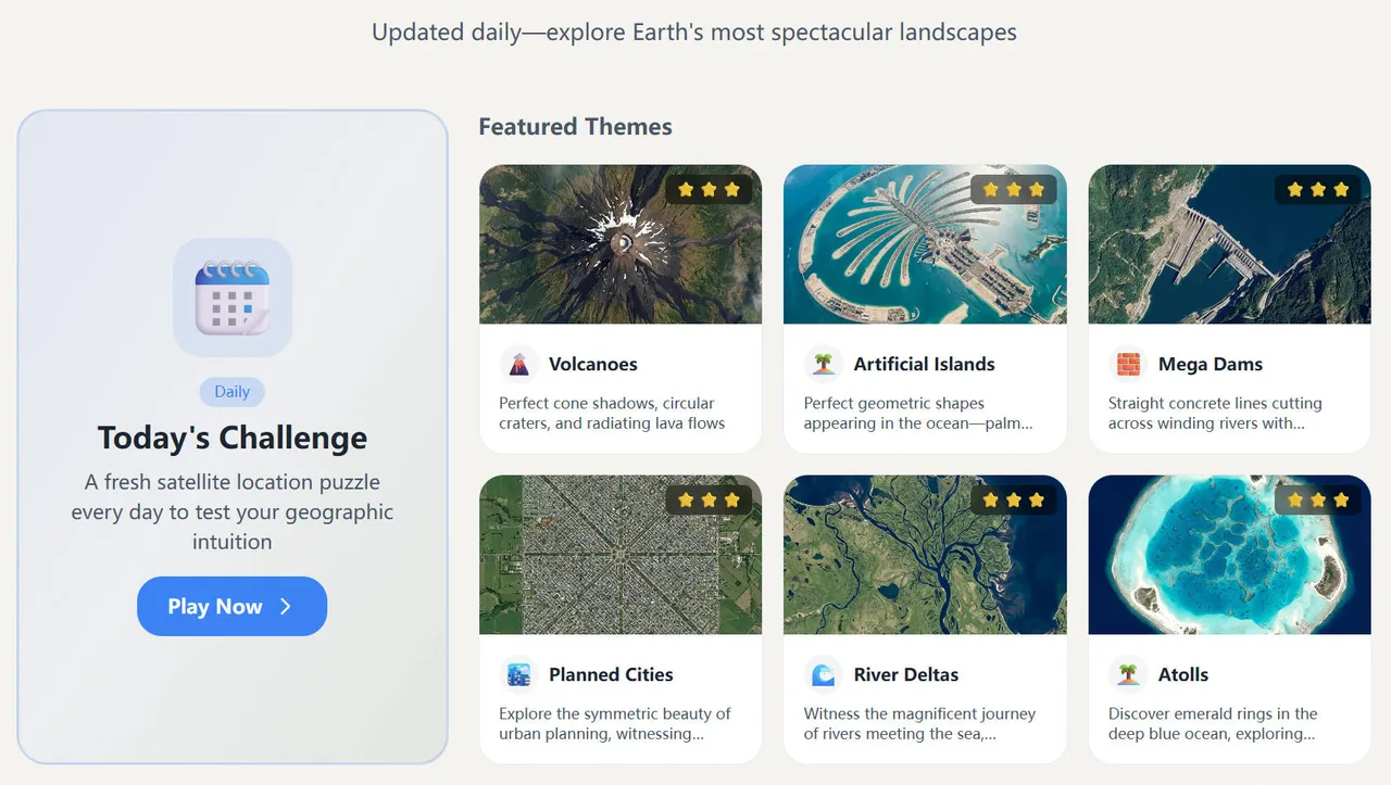 SatPin's share image: the Today's Challenge card beside themed sets of volcanoes, artificial islands, mega dams, planned cities, river deltas and atolls