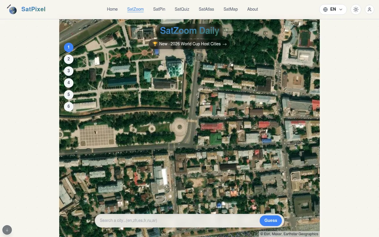 SatZoom Daily: a close satellite view of city blocks and a green-domed church, with six numbered view buttons and a city search box