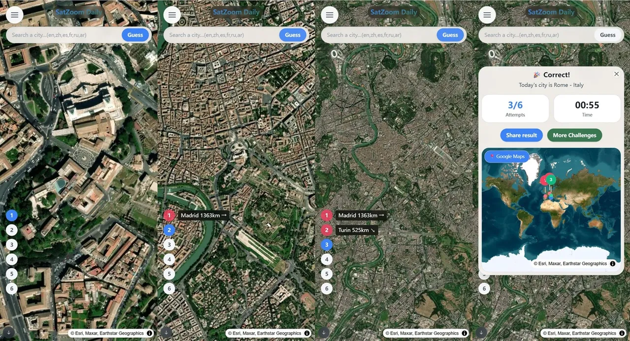 SatZoom share image: four phone screens of one round, zooming out over Rome after guesses of Madrid and Turin, ending on the Correct card with 3/6 attempts, time and a world map