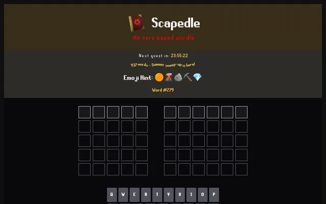 Scapedle Word #279 before the first guess: the Scapedle title with a red spell book, the countdown to the next quest, an emoji hint, two blocks of empty tiles for a five-letter and a six-letter word,