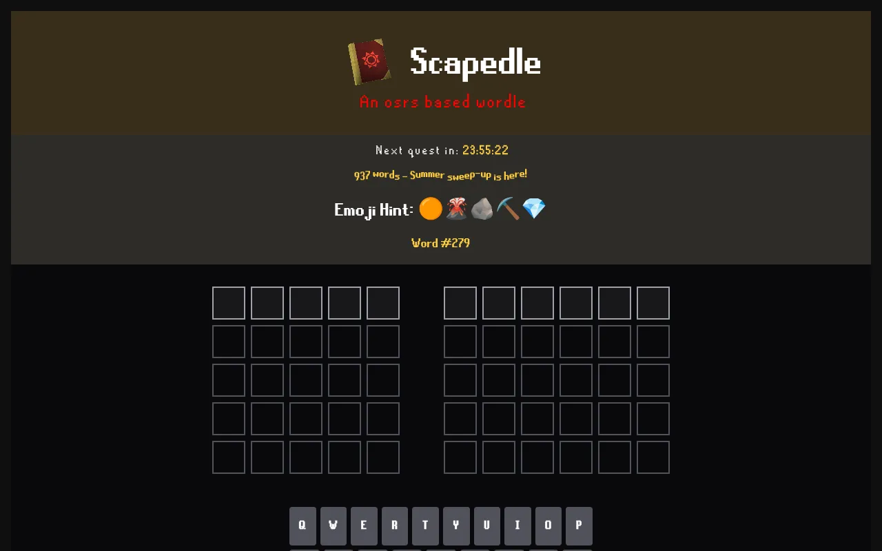 Scapedle Word #279 before the first guess: the Scapedle title with a red spell book, the countdown to the next quest, an emoji hint, two blocks of empty tiles for a five-letter and a six-letter word,