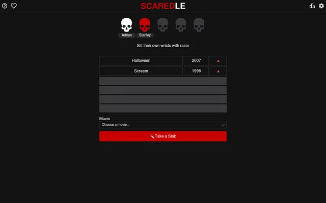 A Scaredle game after two guesses, Halloween and Scream, with their years and arrows, and the second unlocked death under a row of skulls