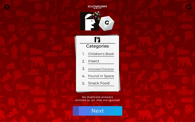 Scattergories Daily mid-round: the die has rolled G above a sheet of five categories, Children's Book, Insect, Animated Character, Found In Space and Snack Food